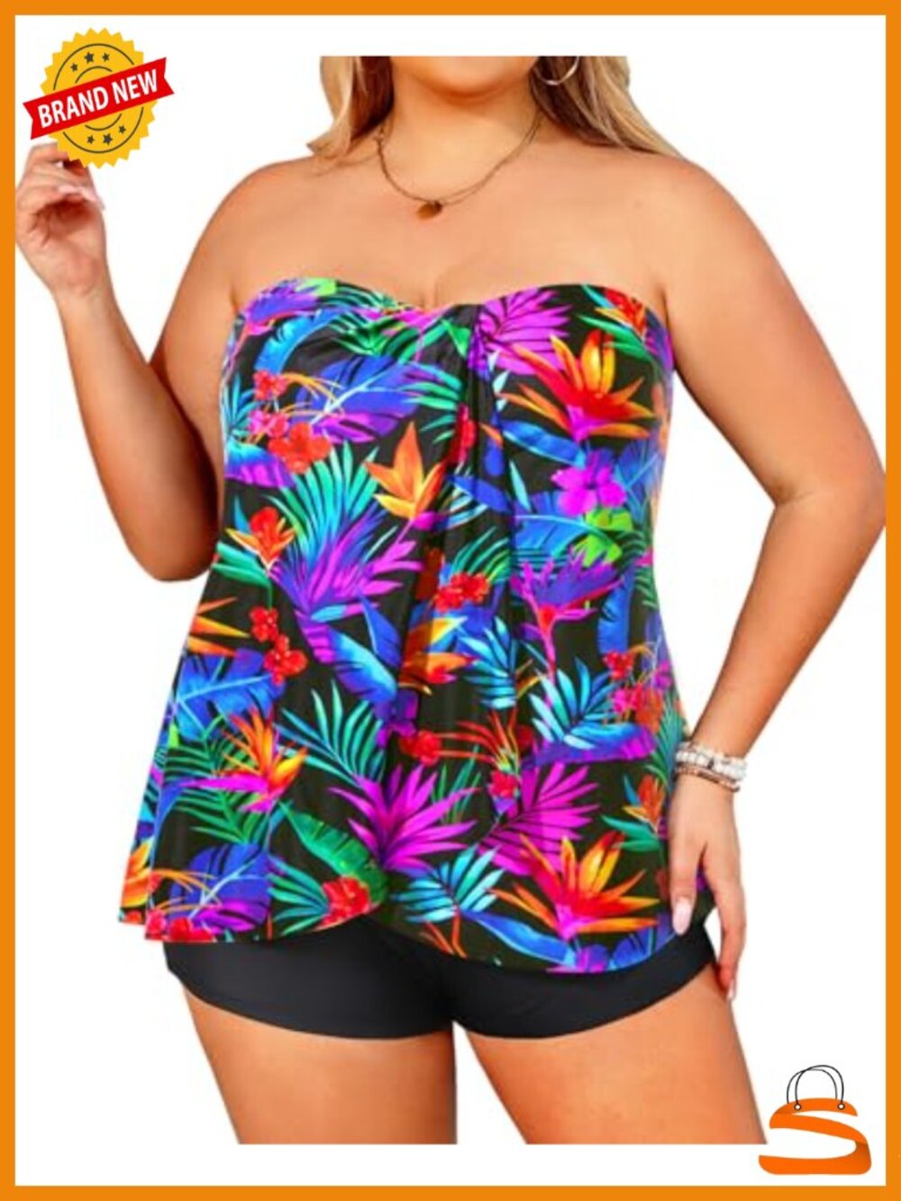 Plus Size Bandeau Tankini Set with Shorts Halter Swimwear